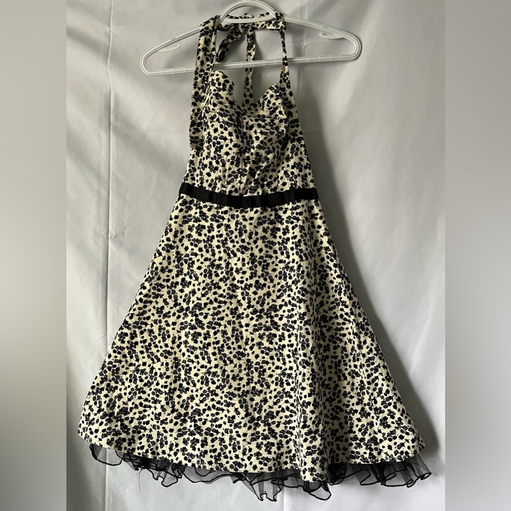 Vtg 1950s Style Ruby Rox Halter Pinup Rockabilly Floral Mini Dress Tulle Hem Siz